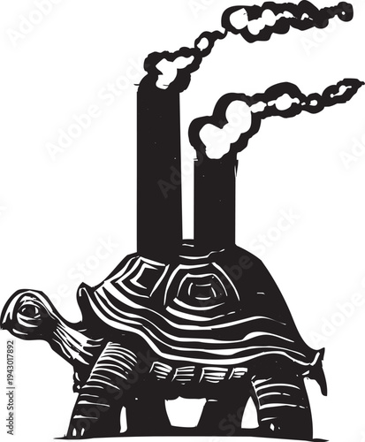 Woodcut image of a turtle with factory smokestacks on its back