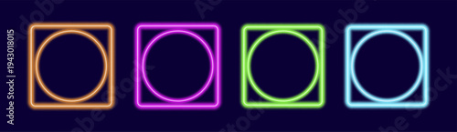 Glowing neon color frames with light effects, futuristic portal gateway, vibrant and LED illumination border, abstract vector frame composition.