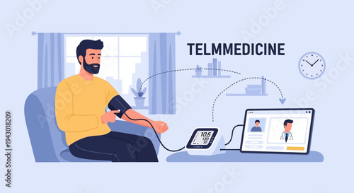 A man at home using a blood pressure monitor connected to a tablet for a telemedicine consultation with a doctor, illustrating remote healthcare.