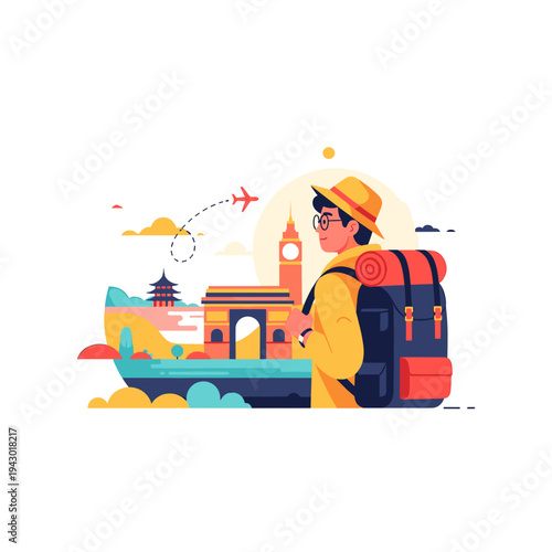 A traveler with a large backpack stands in front of iconic landmarks, symbolizing global exploration and adventure.