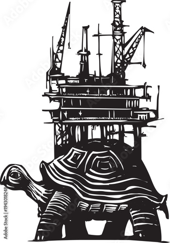 Woodcut style image of a turtle with an oil rig on its back