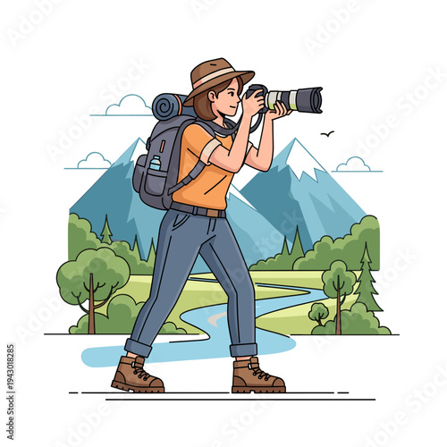 A female hiker with a backpack and hat taking photos with a camera in a scenic mountain landscape with trees and a river.