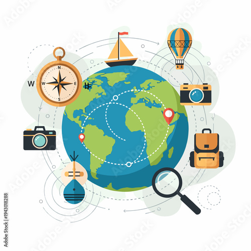 A vibrant illustration of global travel and exploration with various icons like a compass, cameras, backpack, and hot air balloon surrounding a world map.