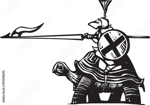 Woodcut style image of a knight in armor riding on the back of a turtle.