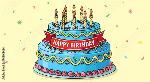 A vibrant two-tiered blue birthday cake adorned with lit candles, colorful sprinkles, yellow frosting swirls, and a red "HAPPY BIRTHDAY" banner on a confetti-strewn yellow background.