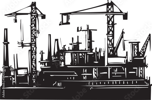 Woodcut style image of industrial Docks and Cranes 
