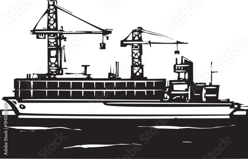 Woodcut industrial style image of cargo ship at dock