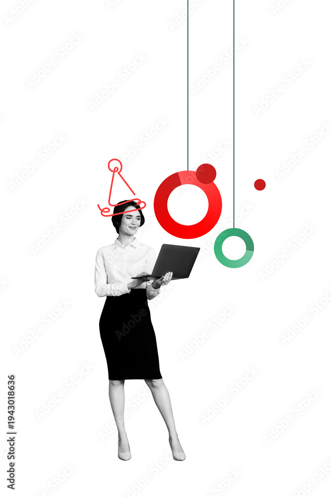 Obraz premium Trendy exclusive 3d vertical artwork collage of happy businesswoman manager surf laptop diagram new year celebration event