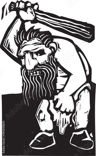 Woodcut style image of a troll raising a giant club