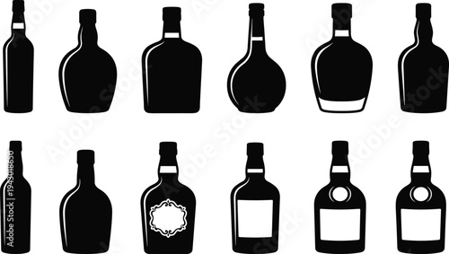 Liquor bottle silhouette icon set featuring whiskey, rum, vodka and wine bottle shapes, alcohol beverage container vector collection for bar, pub and packaging design