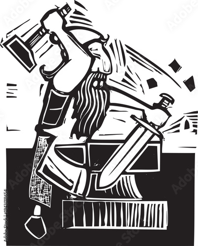 Woodcut style image of a fantasy dwarf smith creating a sword