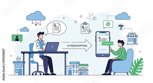 A doctor uses a laptop to send an e-prescription to a patient's smartphone, illustrating modern digital healthcare and telemedicine with cloud services and pharmacy integration.