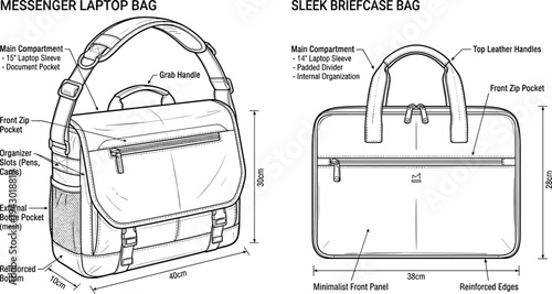 Messenger laptop bag and sleek briefcase outline technical illustration with labeled compartments, handles, pockets and dimensions, professional business bag design vector guide
