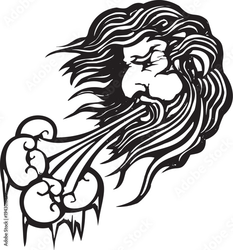 Woodcut vintage style image of teh north wind as a face blowing air