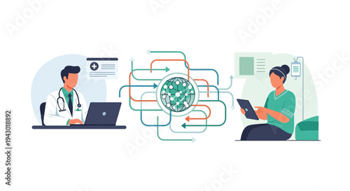 Healthcare professionals, a doctor and a nurse, exchanging medical data and information through a complex digital network system, illustrating modern health technology and collaboration.