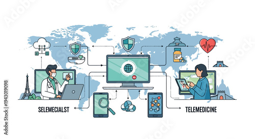 Global telemedicine network connecting doctors and patients worldwide through digital health technology and secure online consultations.