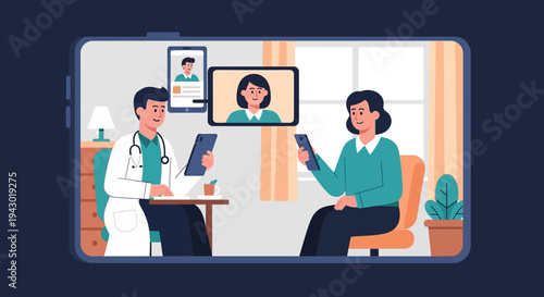 A senior male doctor wearing a white lab coat and stethoscope, looking at a tablet computer while sitting on a couch.