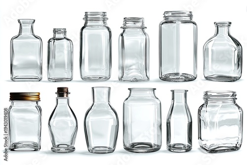 Many empty clear glass bottles and jars of various shapes and sizes on white