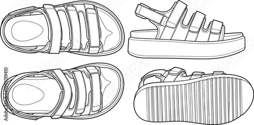 Sport sandal technical outline illustration with top, side and sole views, adjustable strap footwear vector design for summer outdoor shoes and fashion production