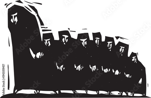 Woodcut image of a line of women in dark robes