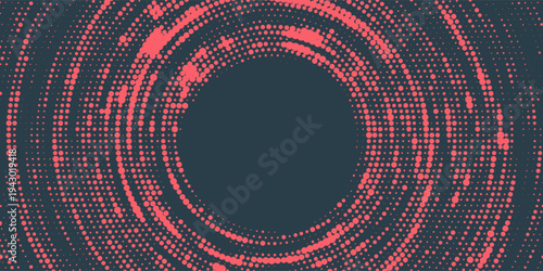 Circular Halftone Pattern Concentric Circles Frame Vector Red Black Colour Abstract Background. Mod Minimalist Art Half Tone Graphics Rippled Structure. Retro Futurism Technology Art Illustration
