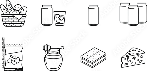 Snack and beverage outline icon set featuring bread basket, soda cans, drink glass, potato chips, honey jar, cracker biscuit and cheese line art vector