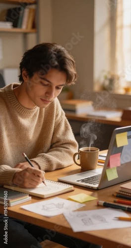 Young person working writing at desk with laptop notebook and coffee