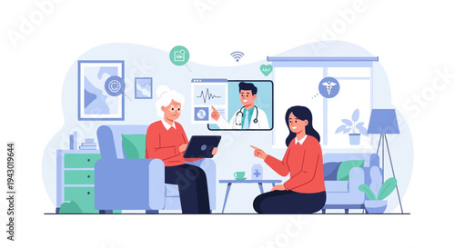 Two women in a living room having a telemedicine consultation with a male doctor on a large screen, using a tablet for remote healthcare.