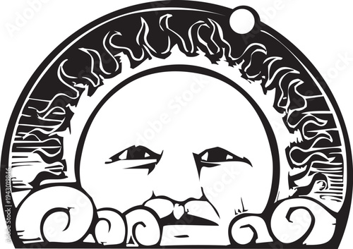 Woodcut style Sun Face and Planet in Orbit