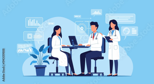 Medical professionals collaborating in a modern healthcare setting with data visualizations in the background.