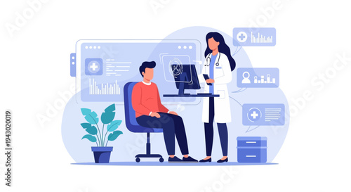 Doctor consulting with a patient in a modern clinic, with digital health records and data visualizations displayed on screens.