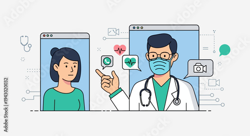 Doctor consulting with a patient remotely via a video call, illustrating telemedicine and online healthcare services.