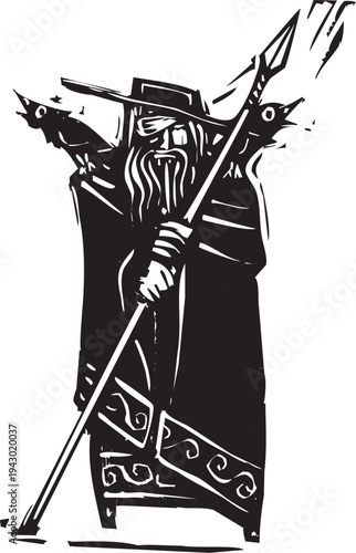 Woodcut style image of the norse god odin