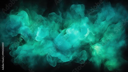 A mesmerizing display of green and blue smoke clouds against a black background, creating a visually striking and ethereal atmosphere.