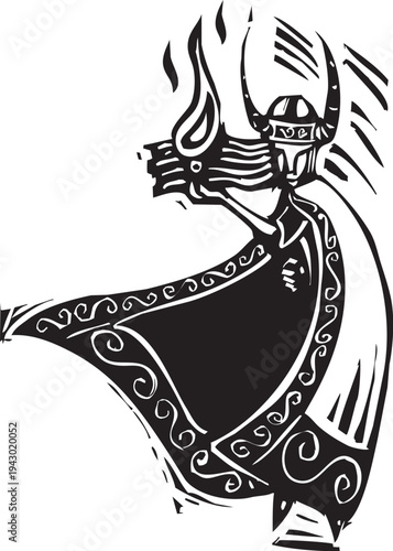 Woodcut style image of the norse god loki