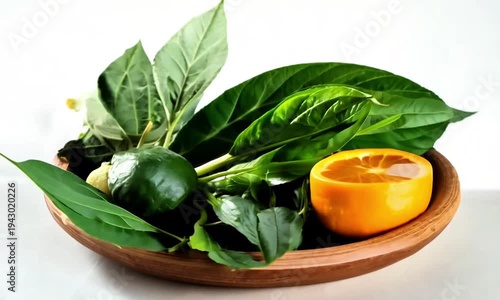 Daun salam dan jeruk di piring yang terbuat dari gerabah 