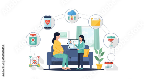 Illustration of a pregnant woman and a healthcare professional discussing remote patient monitoring and digital health solutions.