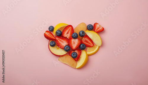 Colorful Fruit Heart Shape Flat Lay on Pastel Background – Healthy Food Concept