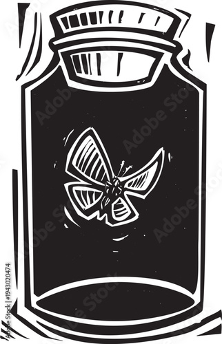 Woodcut style image of a butterfly in a killing jar