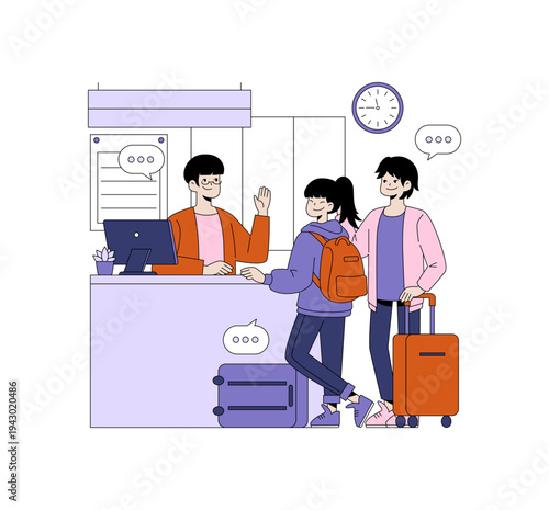 Travelers Checking into Hotel at Reception Desk Illustration