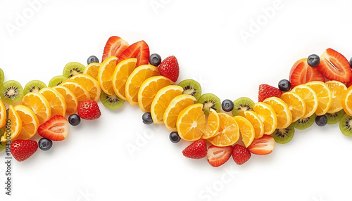 Colorful Fruit Wave Arrangement on White Background