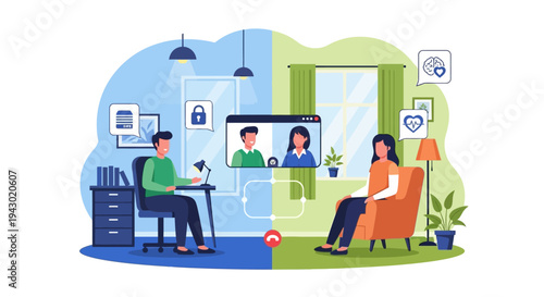 Illustration of two people having a video call, one working from home and the other relaxing in a living room.
