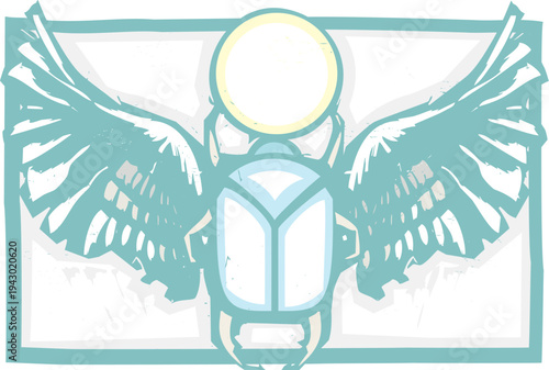 .Woodcut style image of an Egyptian scarab beetle