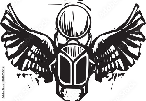 .Woodcut style image of an Egyptian scarab beetle