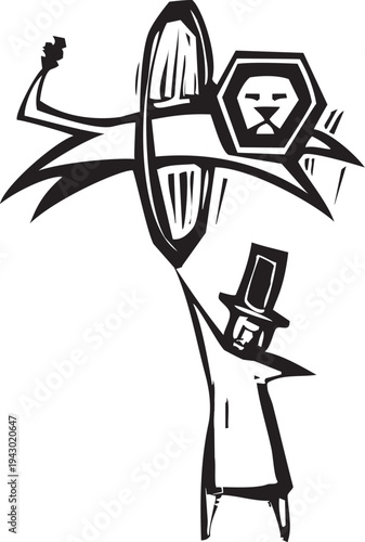 Woodcut style image of a lion tamer and leaping lion