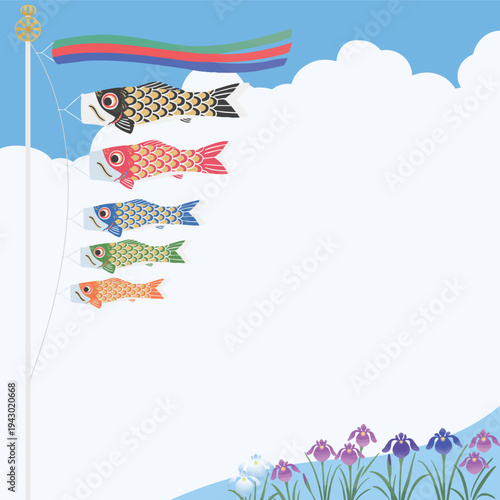 鯉のぼりと菖蒲の背景イラスト 端午の節句・こどもの日 和風ベクター背景素材（正方形）