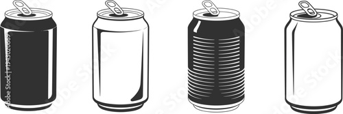 Aluminum soda can icon set with pull tab top in different styles, beverage container silhouette and outline vector collection for drink packaging design