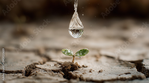 A small green plant sprout growing in dry cracked earth with a single drop of water falling on it from above outdoors