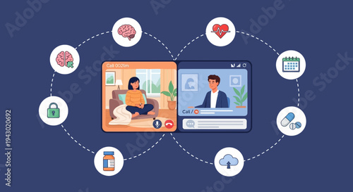 Telehealth consultation showing a woman in a video call with a male doctor, surrounded by icons representing health and wellness.