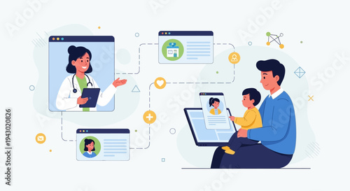 Telemedicine consultation between a doctor and a father with his child, showcasing remote healthcare services and digital health technology.